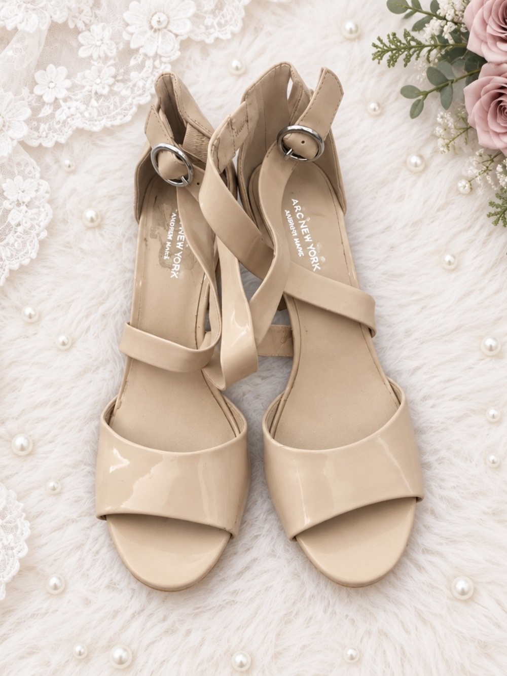 b new york Beige Patent Strappy Sandals
